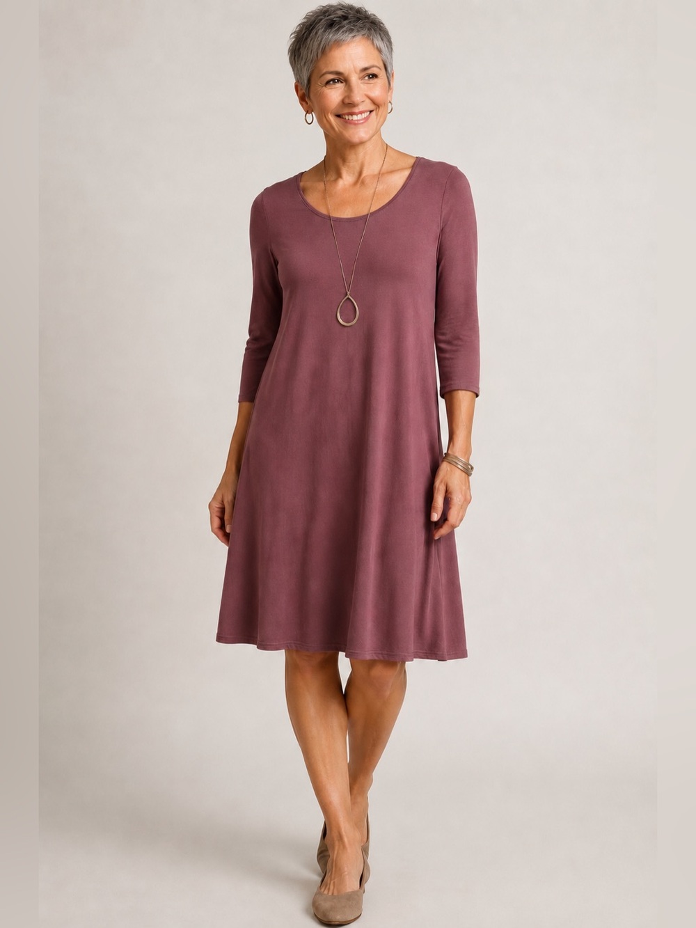 Eileen Fisher Mauve Viscose Jersey  Midi Tunic Dress SP Minimalist Lagenlook